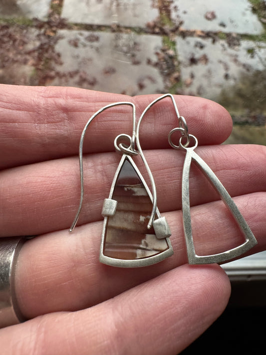 Banded Petrified Wood Positive + Negative Space Dangle Earrings