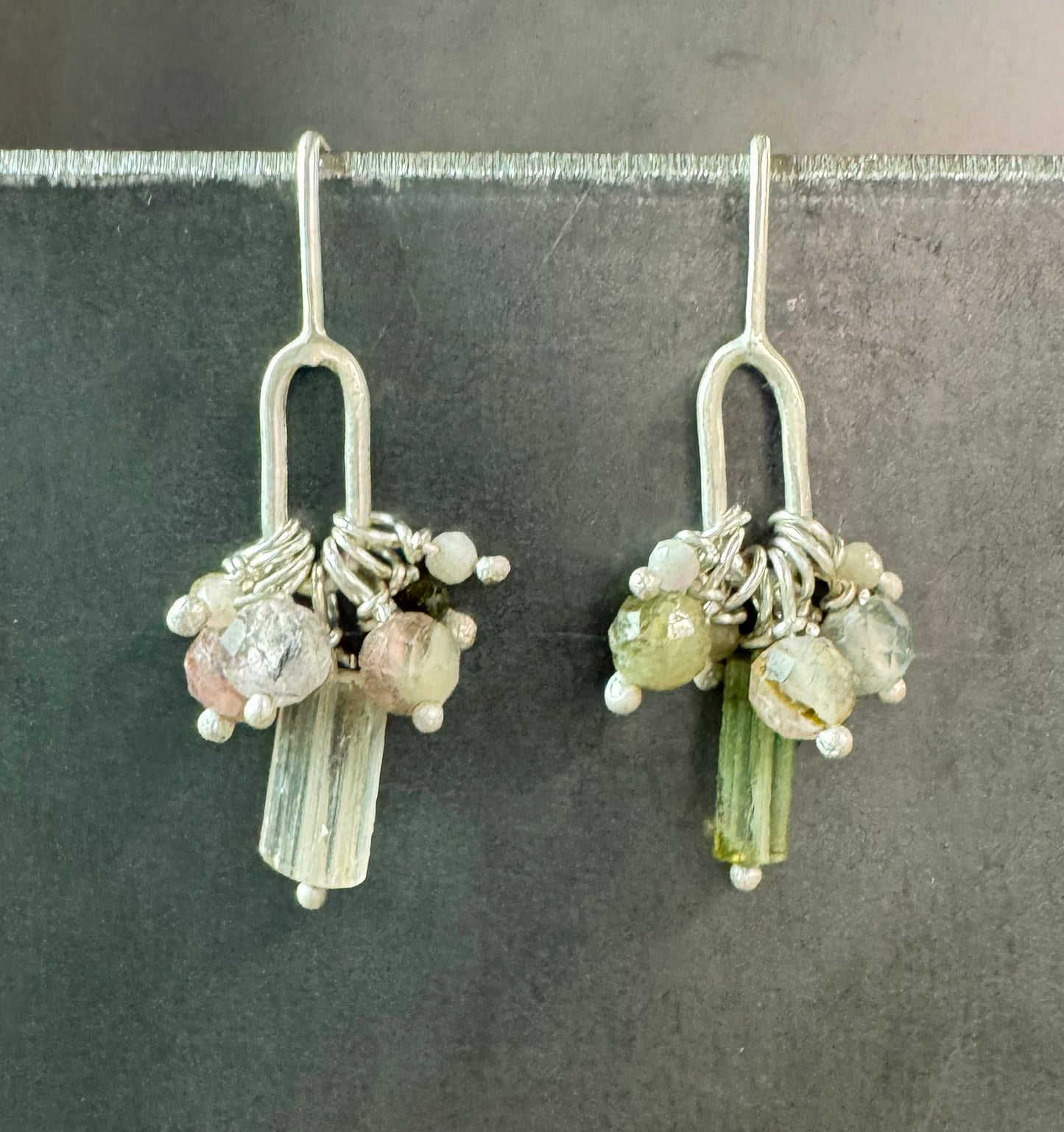 Paperclip Link Beaded Cluster Drop Earrings - Soft Greens & Pinks