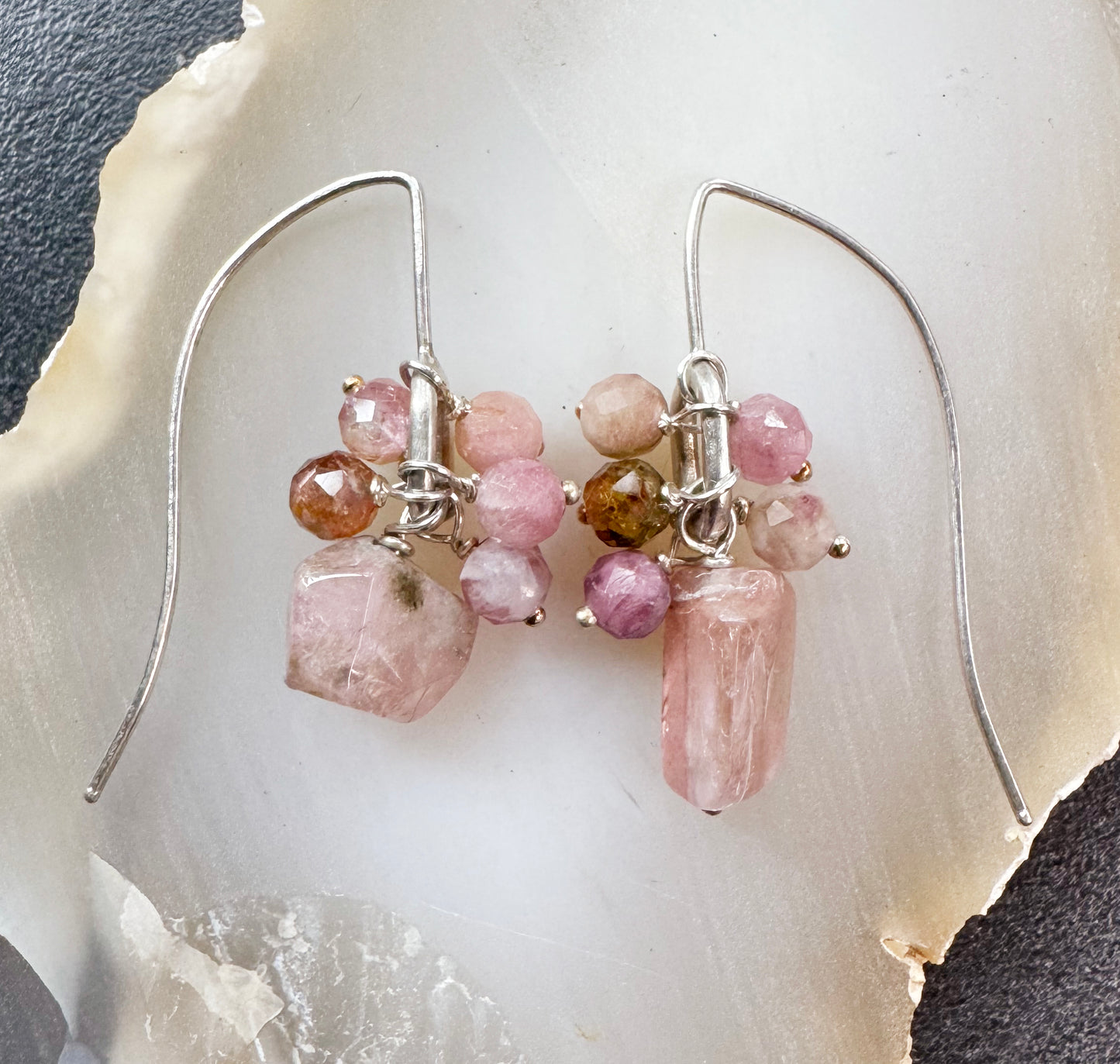 Paperclip Link Beaded Cluster Drop Earrings - Soft Pinks