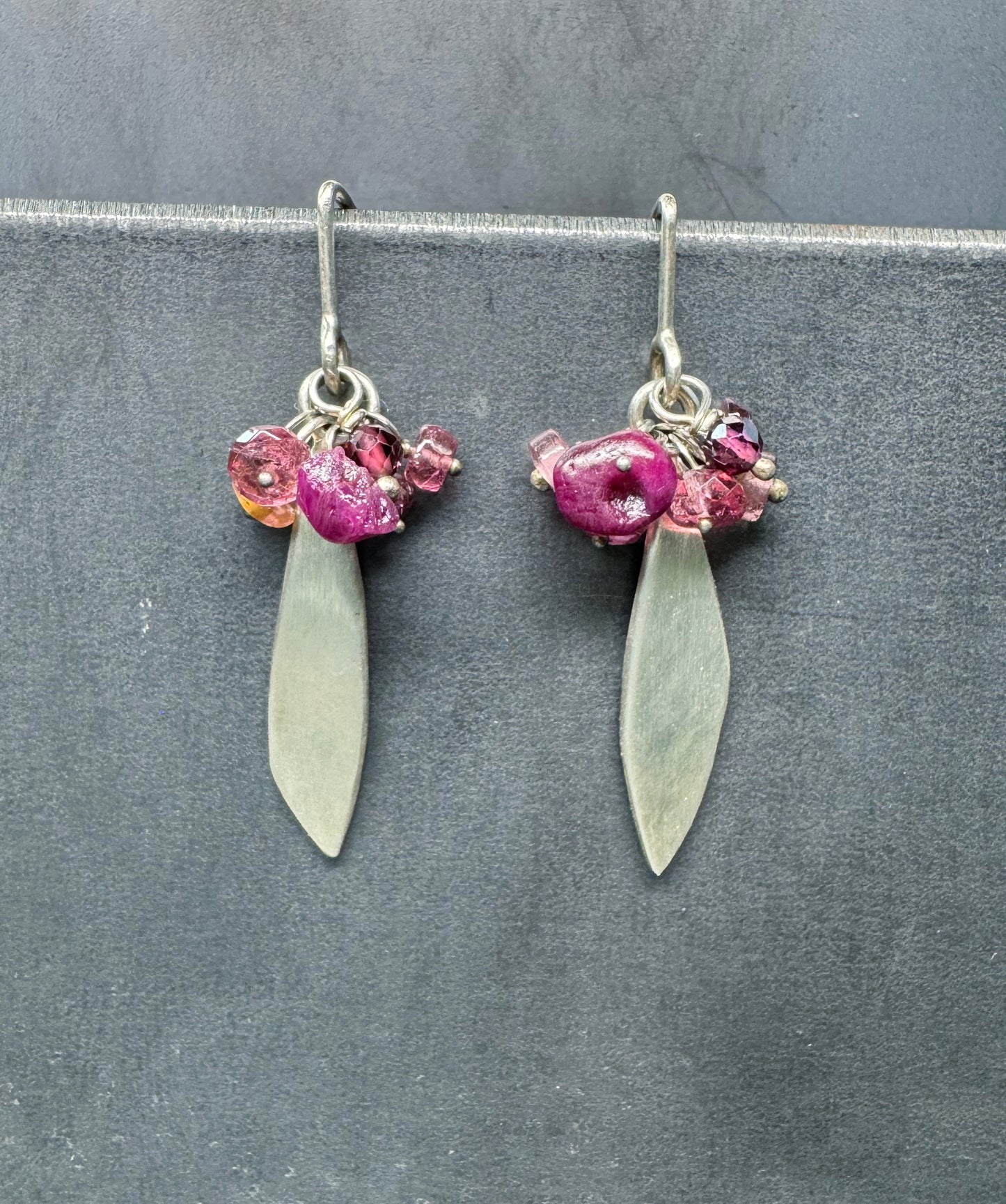Petal Dangle Earrings with Raw Ruby, Pink Tourmaline Cluster