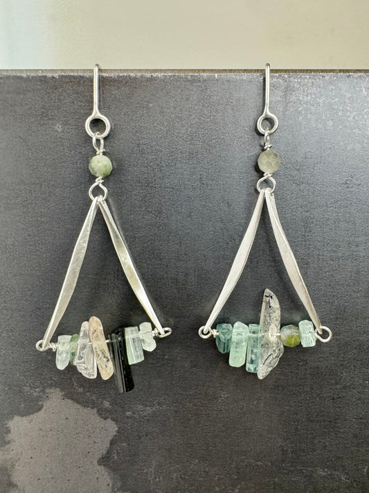 Swing Dangle Earrings - Soft Green Tourmaline and Rutilated Quartz