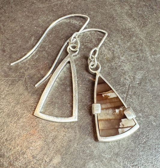 Banded Petrified Wood Positive + Negative Space Dangle Earrings