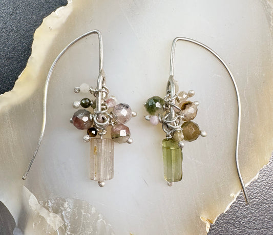 Paperclip Link Beaded Cluster Drop Earrings - Soft Greens & Pinks