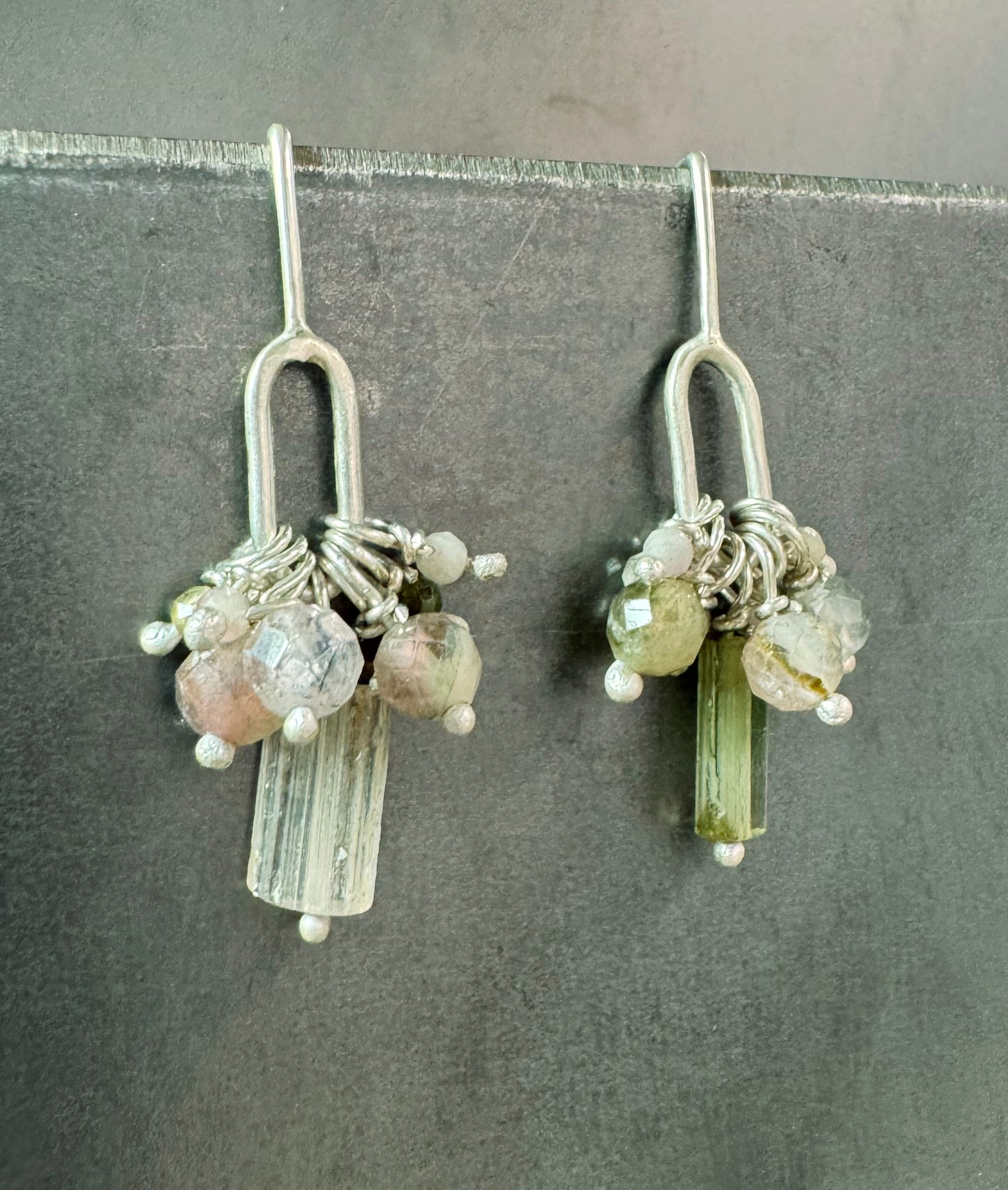 Paperclip Link Beaded Cluster Drop Earrings - Soft Greens & Pinks