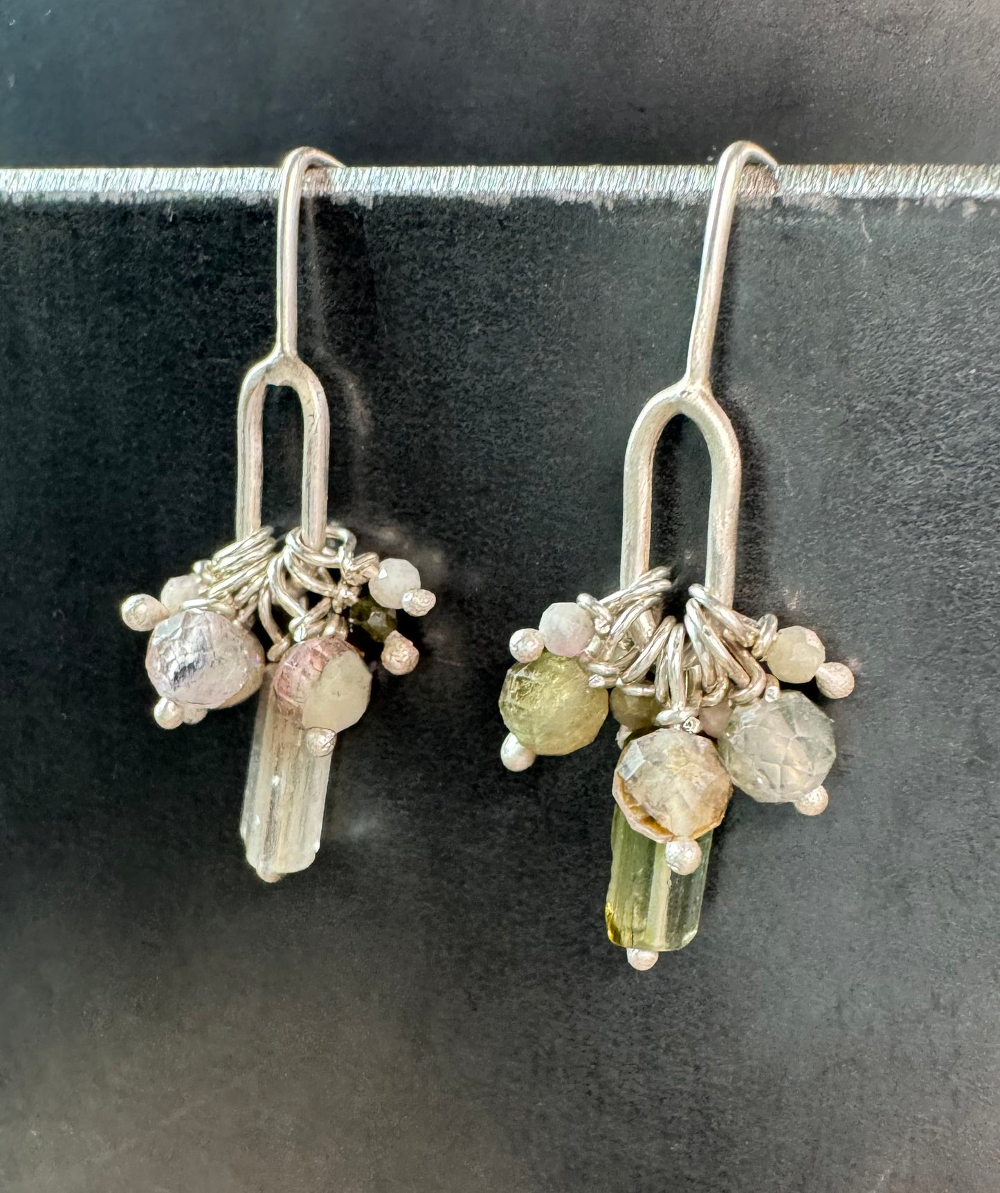 Paperclip Link Beaded Cluster Drop Earrings - Soft Greens & Pinks