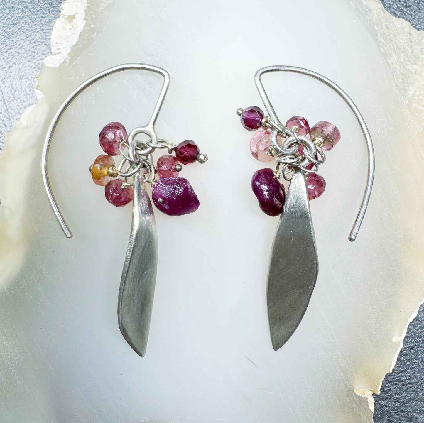 Petal Dangle Earrings with Raw Ruby, Pink Tourmaline Cluster