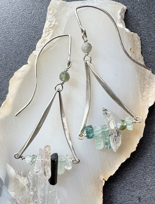 Swing Dangle Earrings - Soft Green Tourmaline and Rutilated Quartz